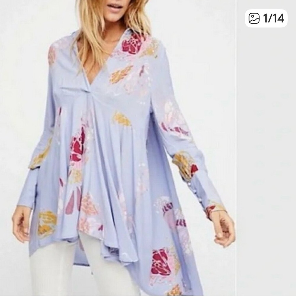 Free People Lavender Floral V-Neck Tunic with Mustard & Maroon Accents